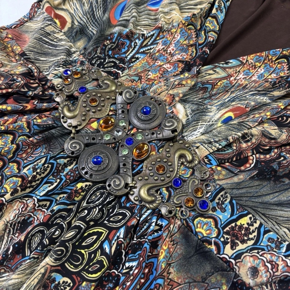 Boston Proper Top Womens Large Jeweled Peacock Print Long Sleeve V-Neck USA Made - Picture 3 of 13